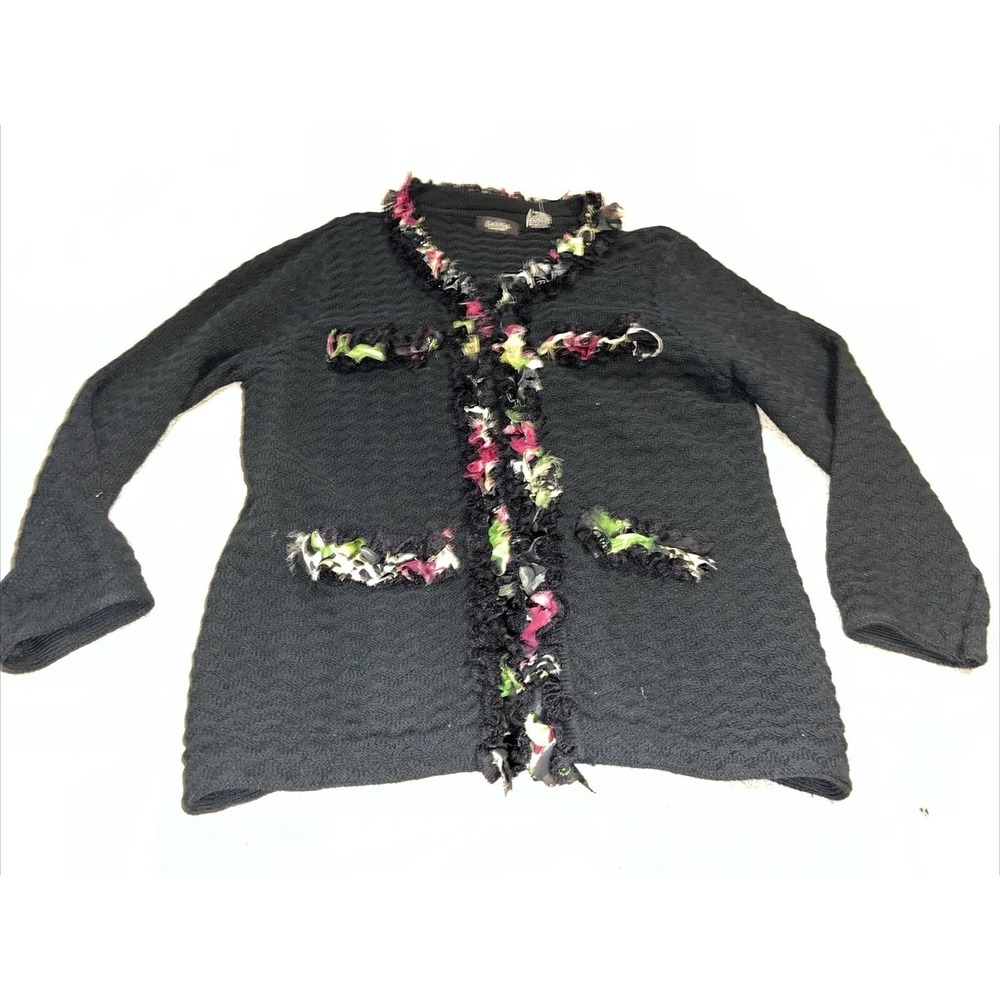 Peck & Peck Womens Sz Large Cotton Blend Hook Cardigan Sweater Black Multi New